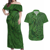 Hawaiian Whales Polynesian Art Motifs Couples Matching Off Shoulder Maxi Dress and Hawaiian Shirt Green Color - Polynesian Pride