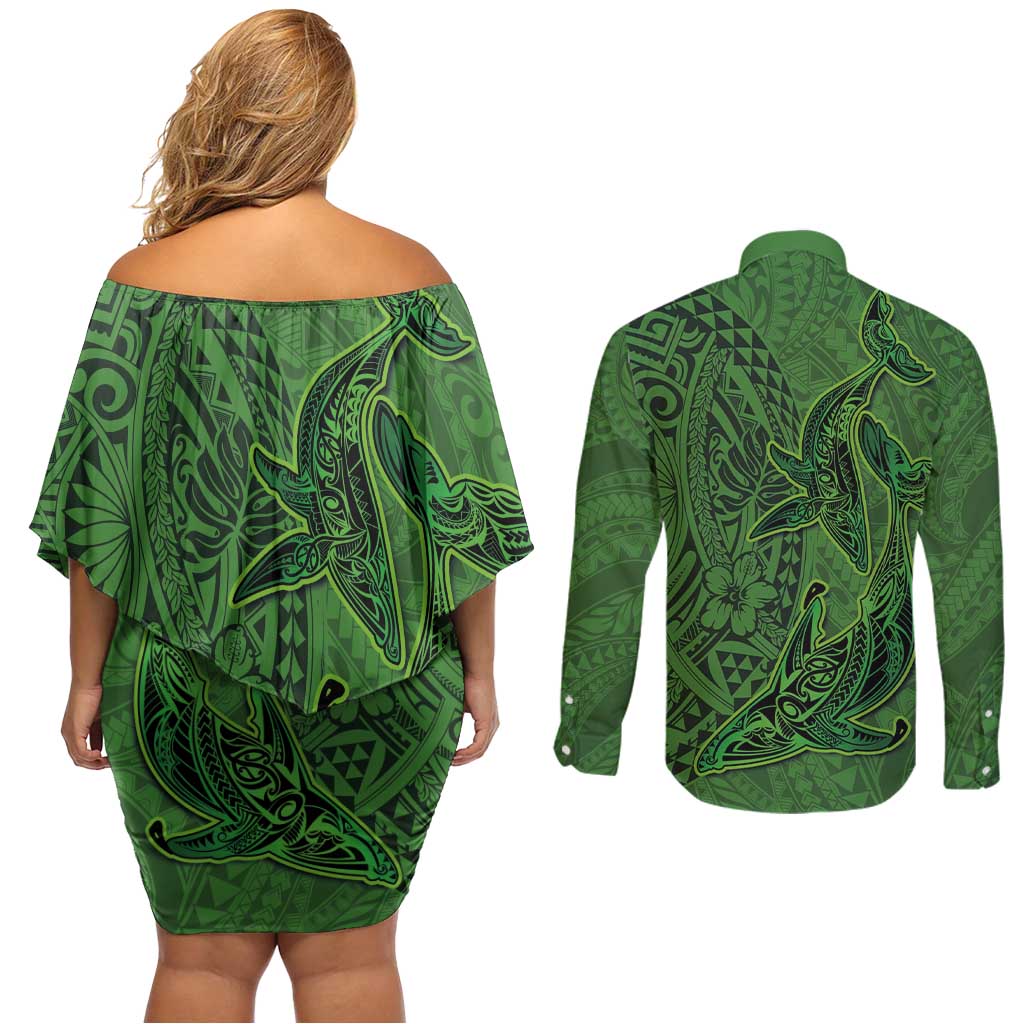 Hawaiian Whales Polynesian Art Motifs Couples Matching Off Shoulder Short Dress and Long Sleeve Button Shirt Green Color - Polynesian Pride