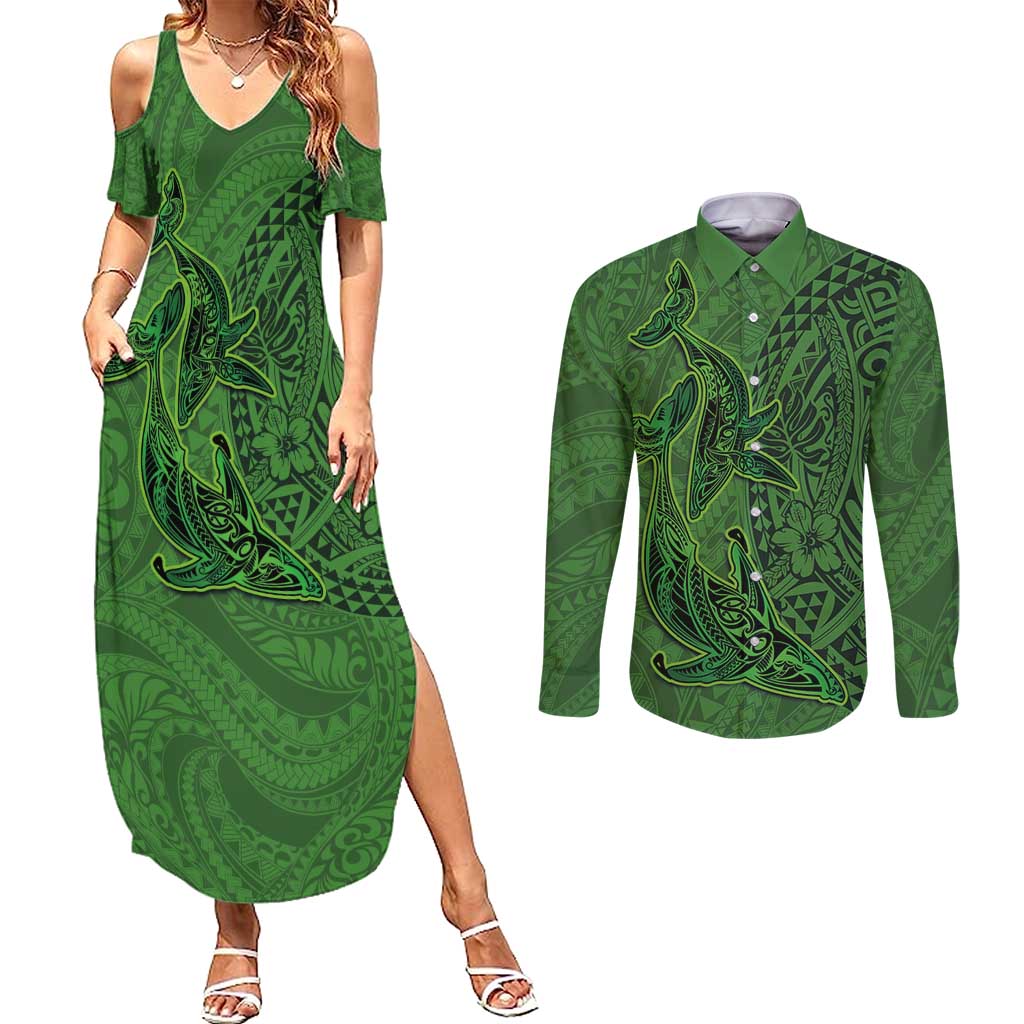 Hawaiian Whales Polynesian Art Motifs Couples Matching Summer Maxi Dress and Long Sleeve Button Shirt Green Color - Polynesian Pride