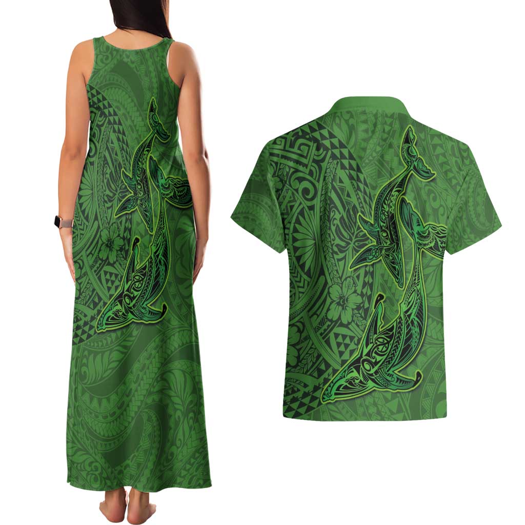 Hawaiian Whales Polynesian Art Motifs Couples Matching Tank Maxi Dress and Hawaiian Shirt Green Color - Polynesian Pride