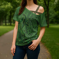 Hawaiian Whales Polynesian Art Motifs Cross Shoulder Shirt Green Color - Polynesian Pride