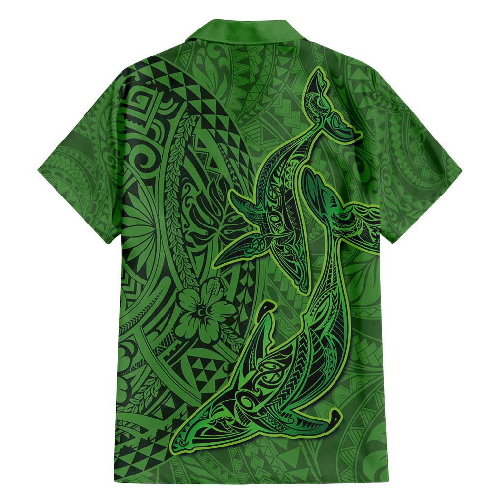 Hawaiian Whales Polynesian Art Motifs Family Matching Long Sleeve Bodycon Dress and Hawaiian Shirt Green Color - Polynesian Pride