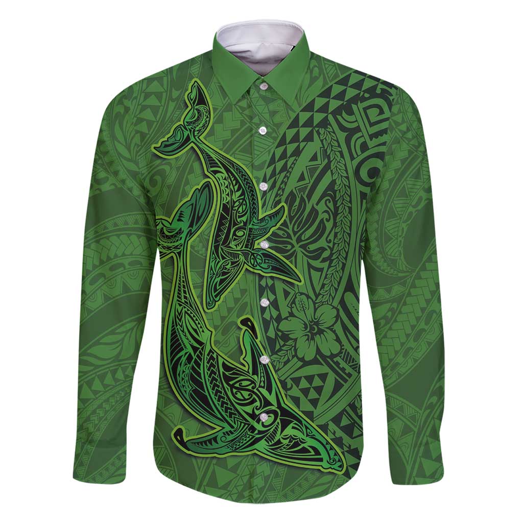 Hawaiian Whales Polynesian Art Motifs Family Matching Long Sleeve Bodycon Dress and Hawaiian Shirt Green Color - Polynesian Pride