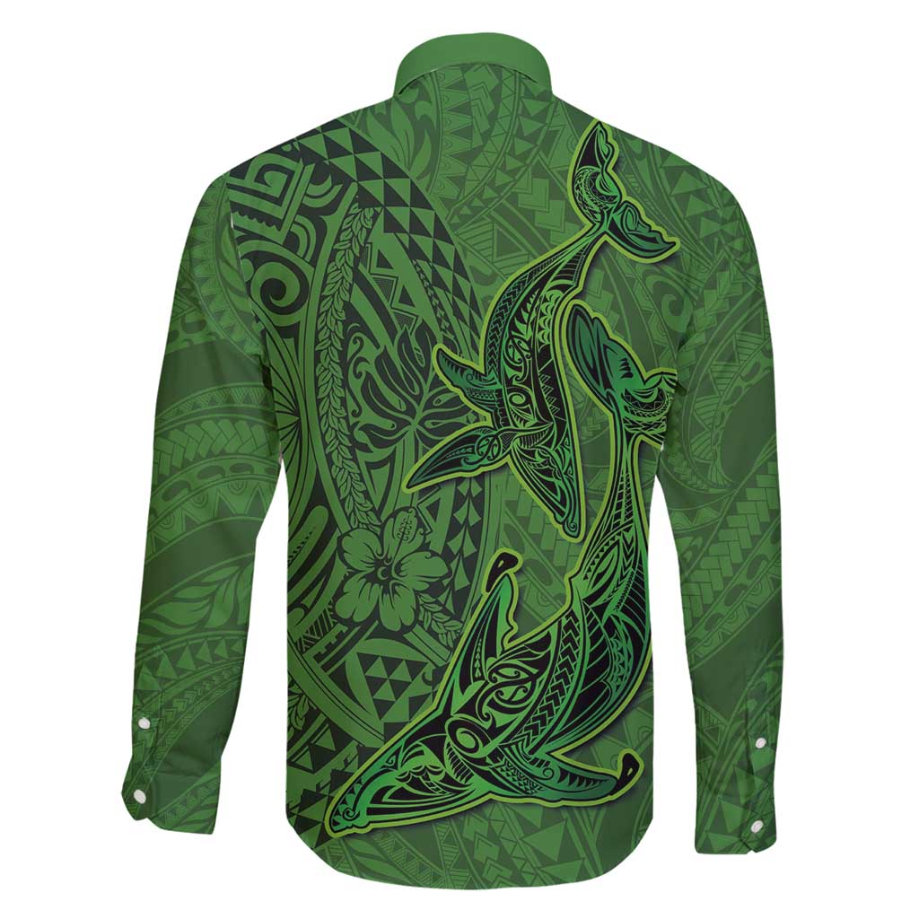Hawaiian Whales Polynesian Art Motifs Family Matching Mermaid Dress and Hawaiian Shirt Green Color - Polynesian Pride