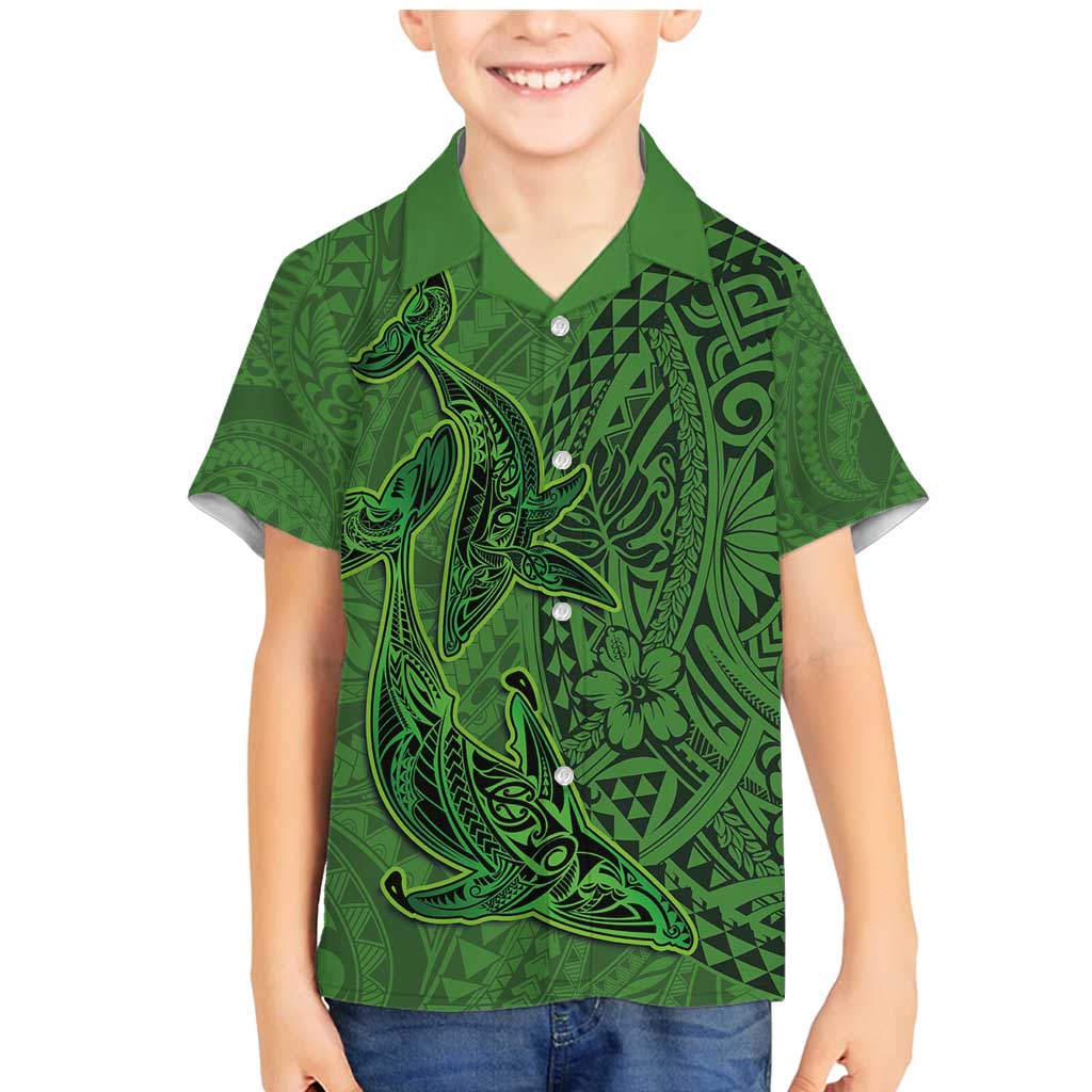 Hawaiian Whales Polynesian Art Motifs Family Matching Mermaid Dress and Hawaiian Shirt Green Color - Polynesian Pride