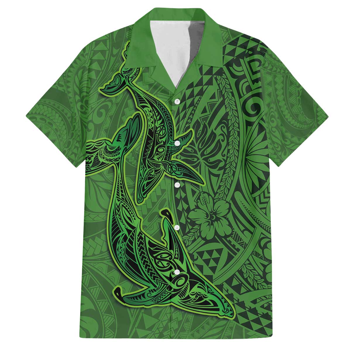 Hawaiian Whales Polynesian Art Motifs Family Matching Off The Shoulder Long Sleeve Dress and Hawaiian Shirt Green Color - Polynesian Pride