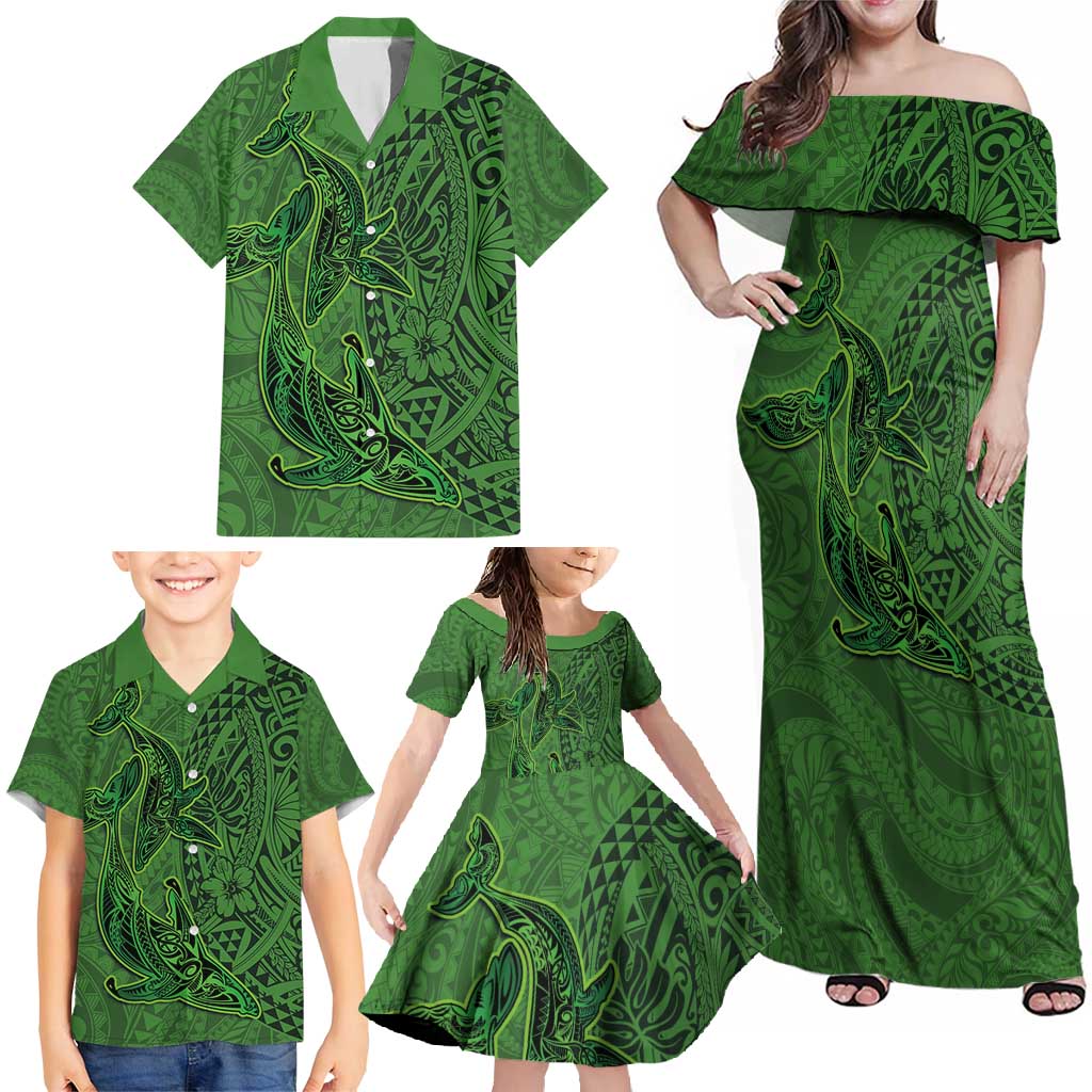 Hawaiian Whales Polynesian Art Motifs Family Matching Off Shoulder Maxi Dress and Hawaiian Shirt Green Color - Polynesian Pride