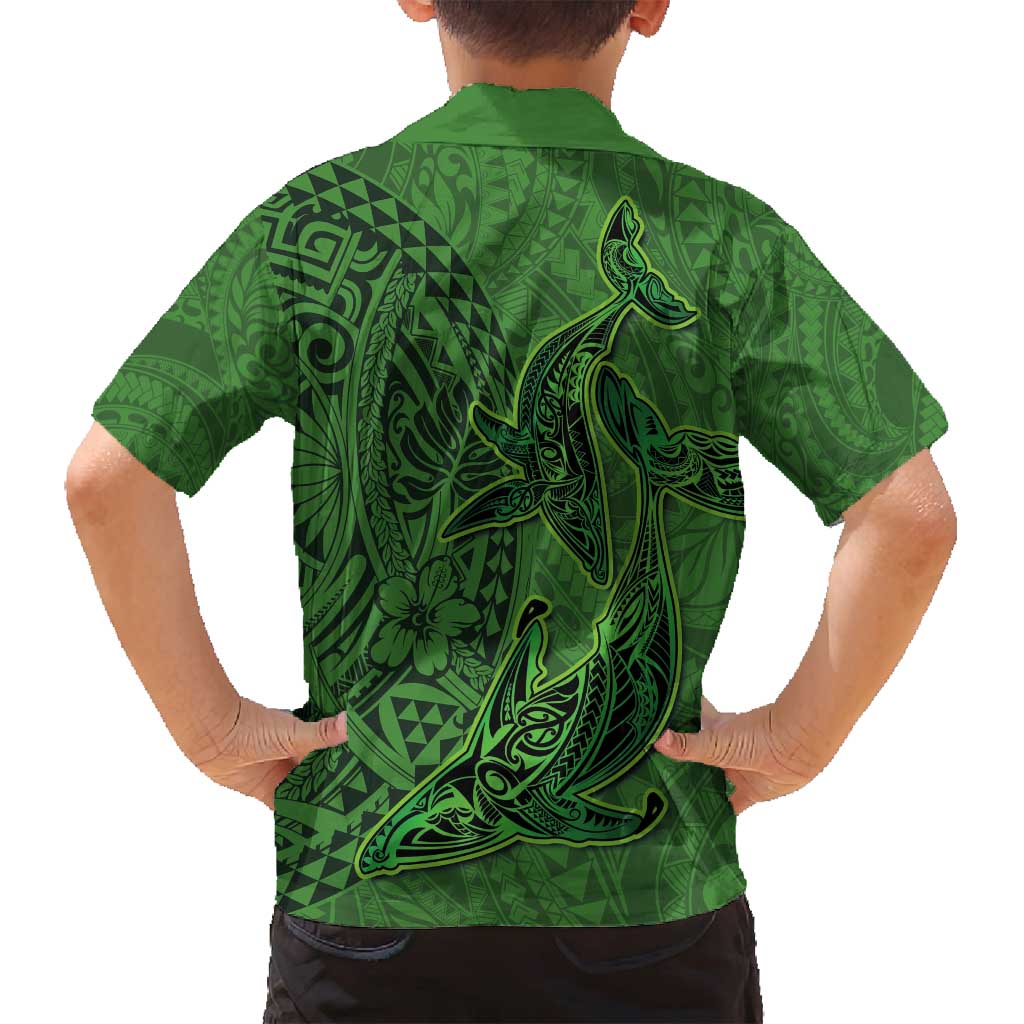 Hawaiian Whales Polynesian Art Motifs Family Matching Puletasi and Hawaiian Shirt Green Color LT03 - Polynesian Pride