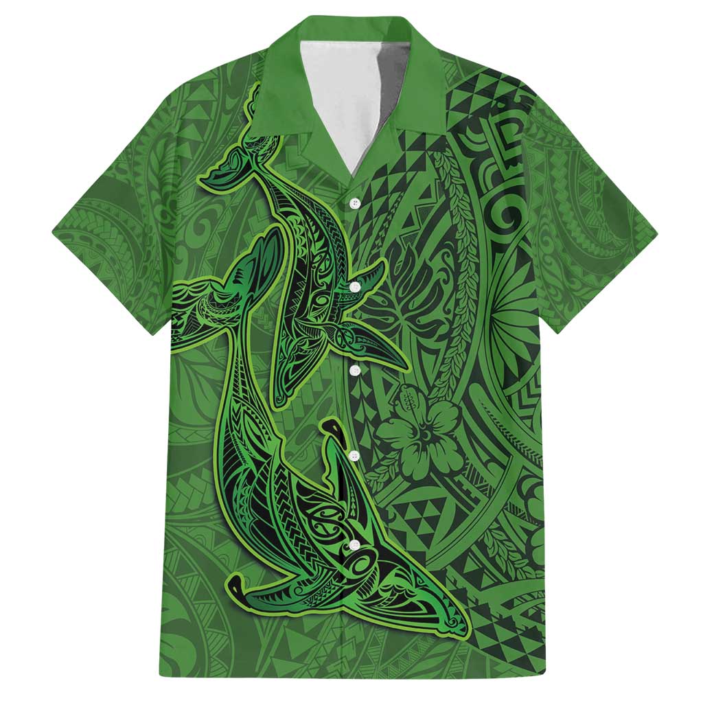 Hawaiian Whales Polynesian Art Motifs Family Matching Puletasi and Hawaiian Shirt Green Color LT03 Dad's Shirt - Short Sleeve Green - Polynesian Pride