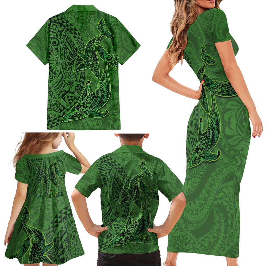 Hawaiian Whales Polynesian Art Motifs Family Matching Short Sleeve Bodycon Dress and Hawaiian Shirt Green Color - Polynesian Pride