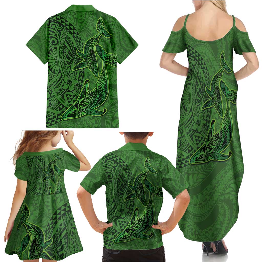 Hawaiian Whales Polynesian Art Motifs Family Matching Summer Maxi Dress and Hawaiian Shirt Green Color - Polynesian Pride