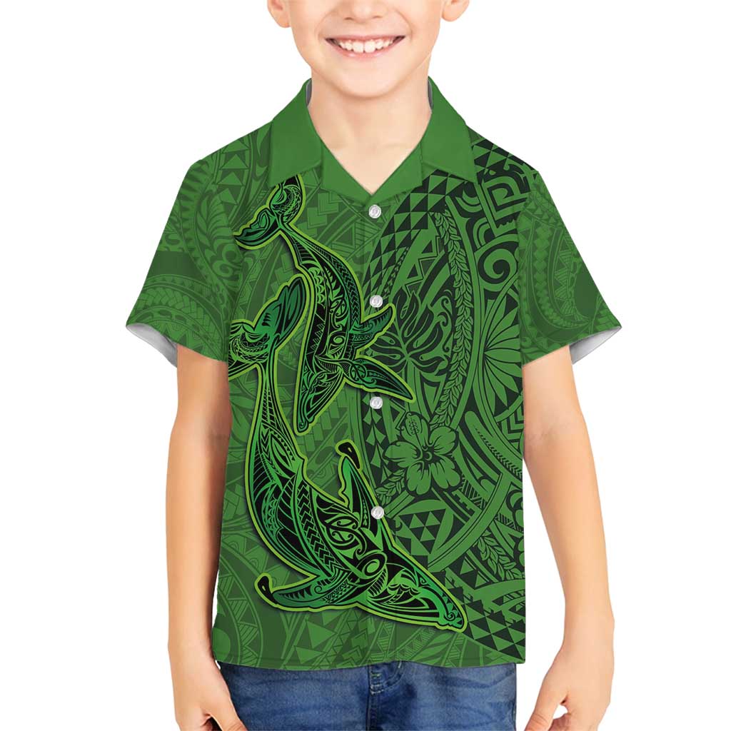 Hawaiian Whales Polynesian Art Motifs Family Matching Tank Maxi Dress and Hawaiian Shirt Green Color - Polynesian Pride