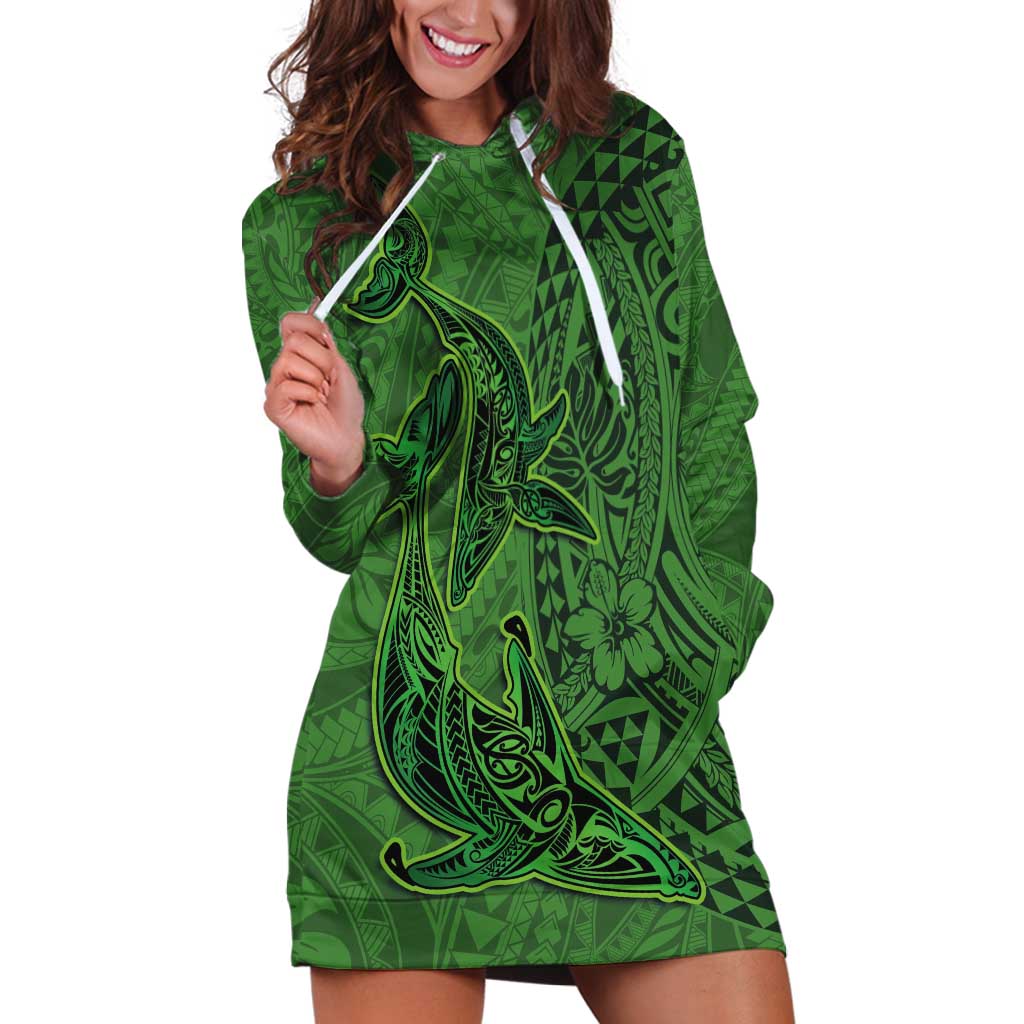 Hawaiian Whales Polynesian Art Motifs Hoodie Dress Green Color - Polynesian Pride