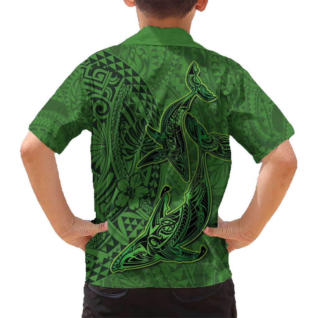 Hawaiian Whales Polynesian Art Motifs Kid Hawaiian Shirt Green Color - Polynesian Pride