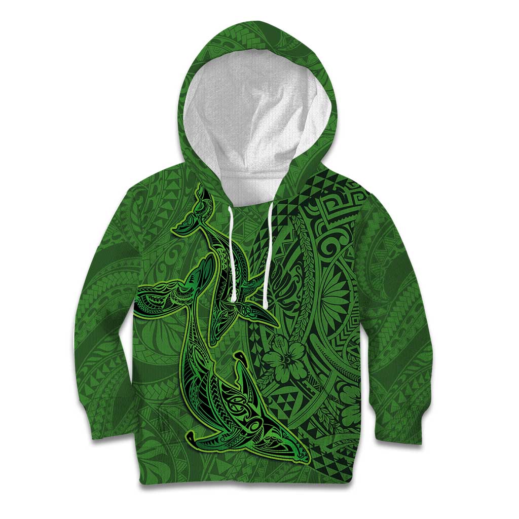 Hawaiian Whales Polynesian Art Motifs Kid Hoodie Green Color - Polynesian Pride