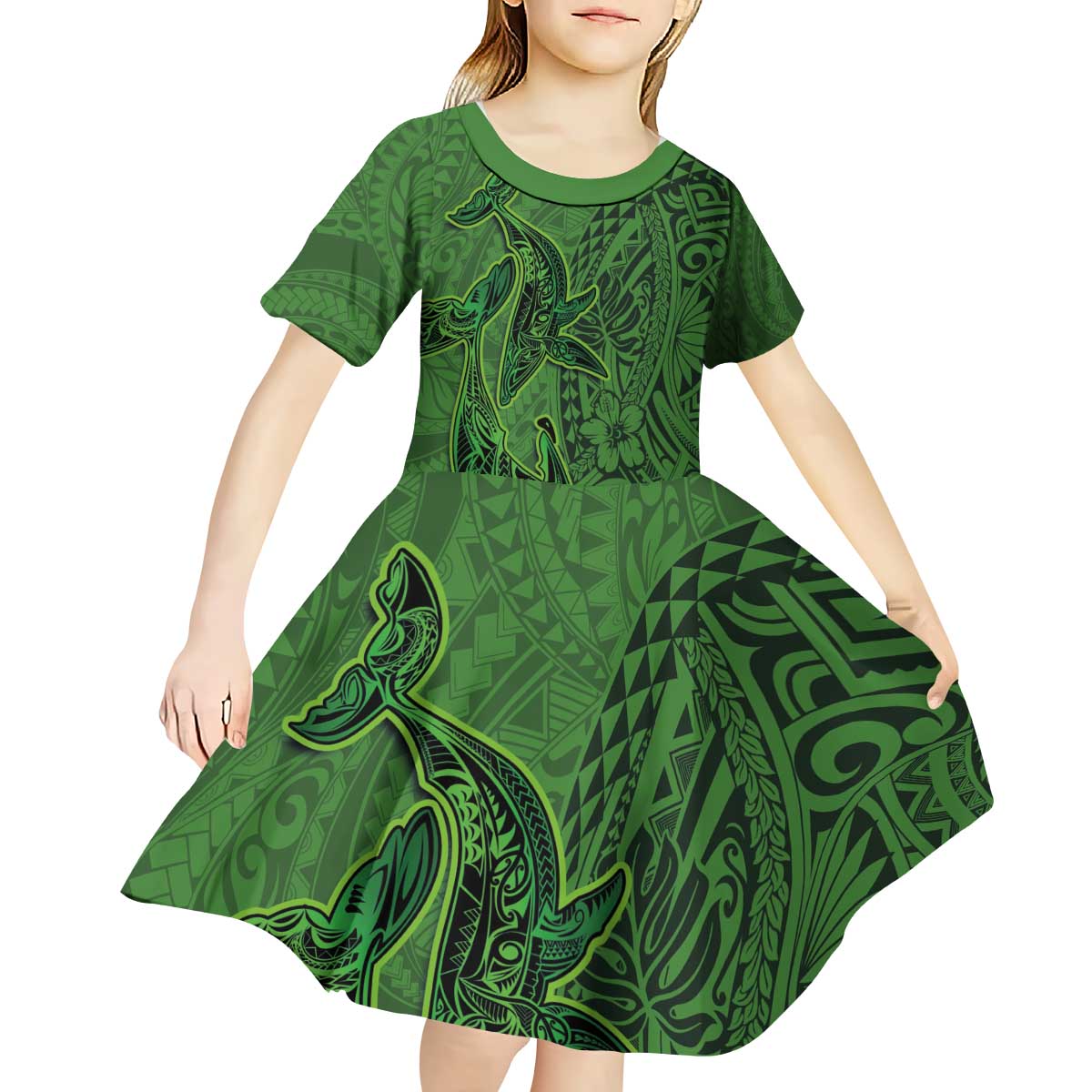 Hawaiian Whales Polynesian Art Motifs Kid Short Sleeve Dress Green Color - Polynesian Pride