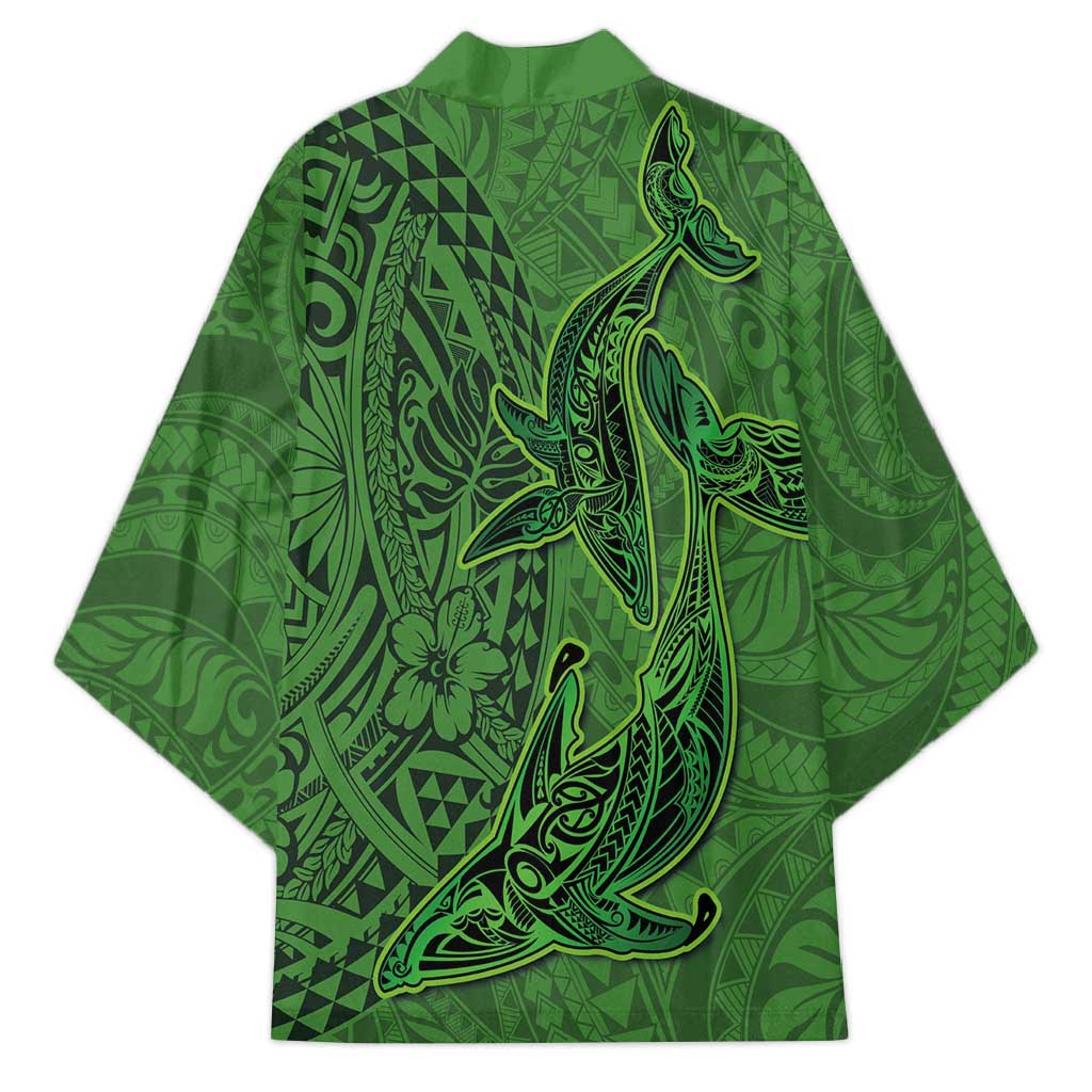 Hawaiian Whales Polynesian Art Motifs Kimono Green Color - Polynesian Pride