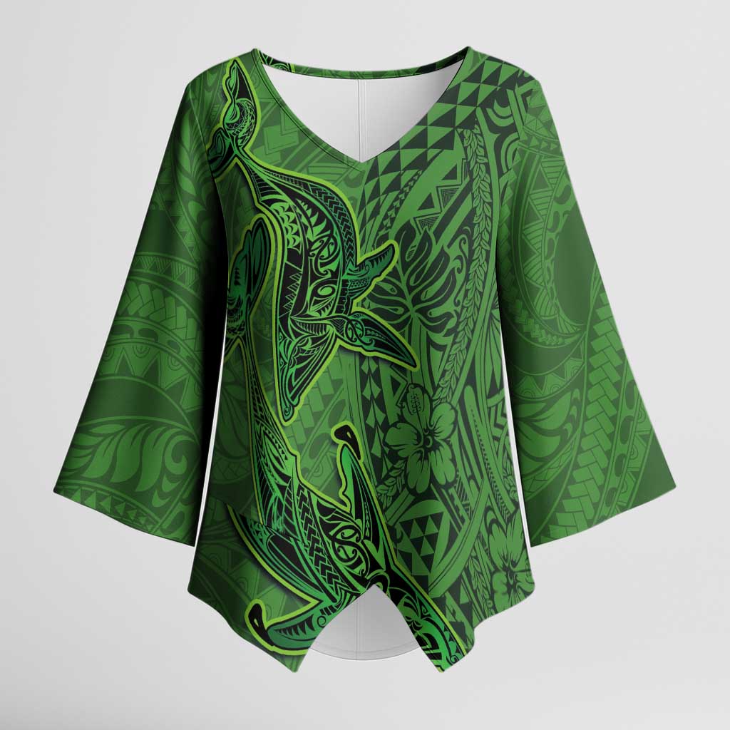 Hawaiian Whales Polynesian Art Motifs Kimono Sleeve Blouse Green Color LT03 Female Green - Polynesian Pride