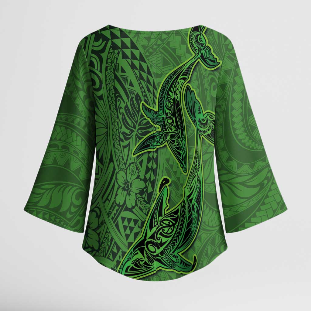 Hawaiian Whales Polynesian Art Motifs Kimono Sleeve Blouse Green Color LT03 - Polynesian Pride