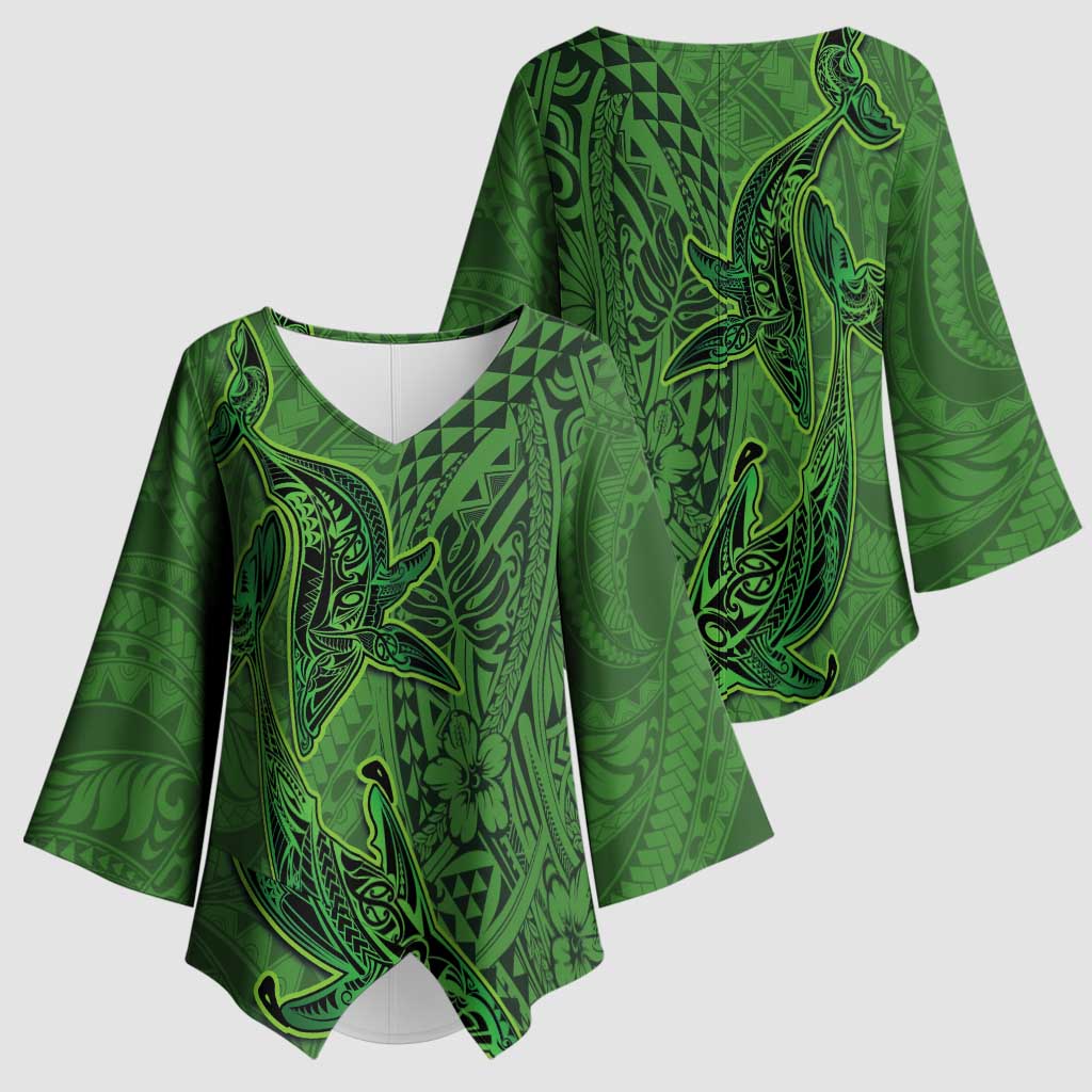 Hawaiian Whales Polynesian Art Motifs Kimono Sleeve Blouse Green Color LT03 - Polynesian Pride
