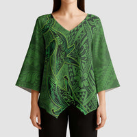 Hawaiian Whales Polynesian Art Motifs Kimono Sleeve Blouse Green Color LT03 - Polynesian Pride