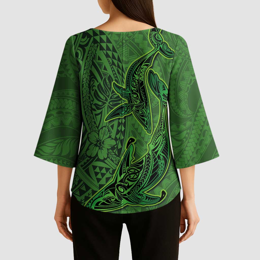 Hawaiian Whales Polynesian Art Motifs Kimono Sleeve Blouse Green Color LT03 - Polynesian Pride