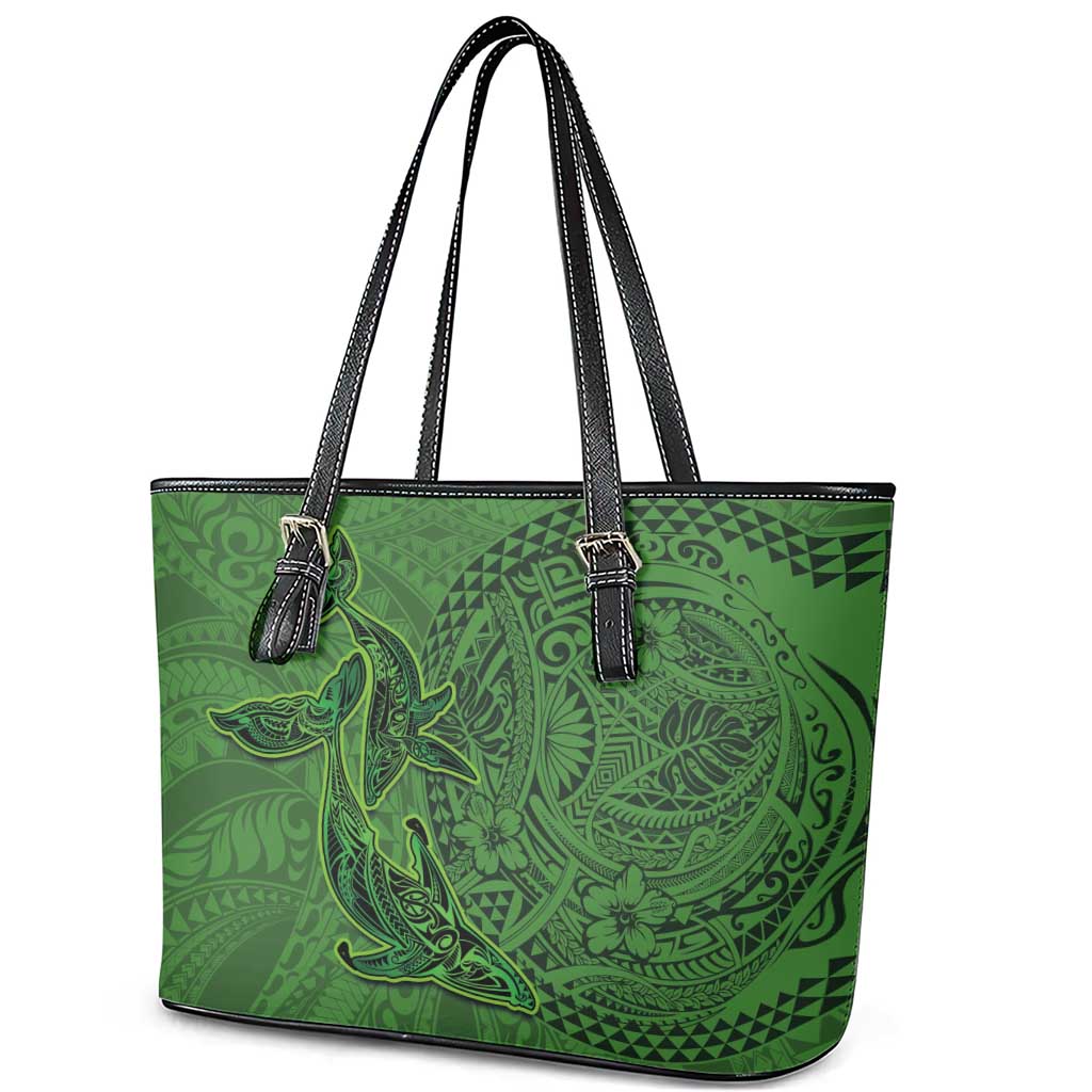 Hawaiian Whales Polynesian Art Motifs Leather Tote Bag Green Color - Polynesian Pride