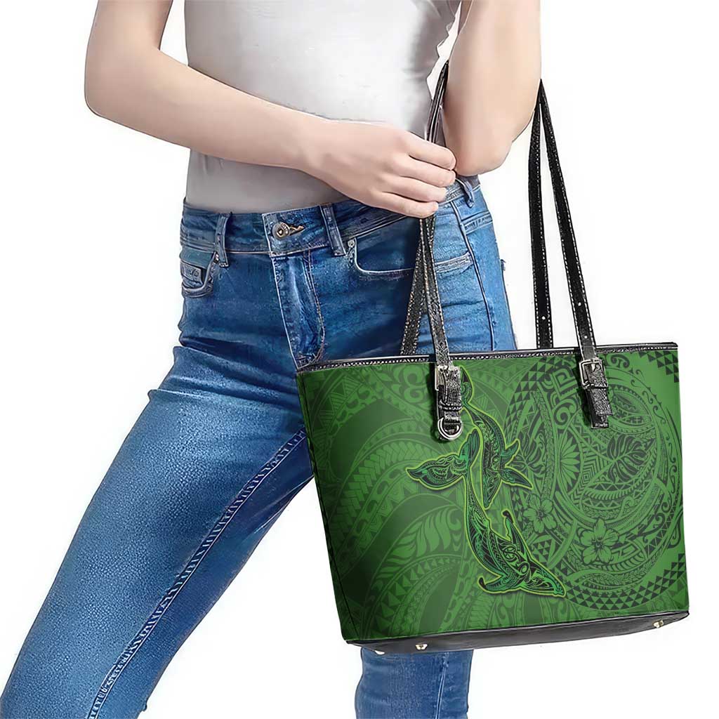 Hawaiian Whales Polynesian Art Motifs Leather Tote Bag Green Color - Polynesian Pride
