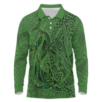 Hawaiian Whales Polynesian Art Motifs Long Sleeve Polo Shirt Green Color - Polynesian Pride
