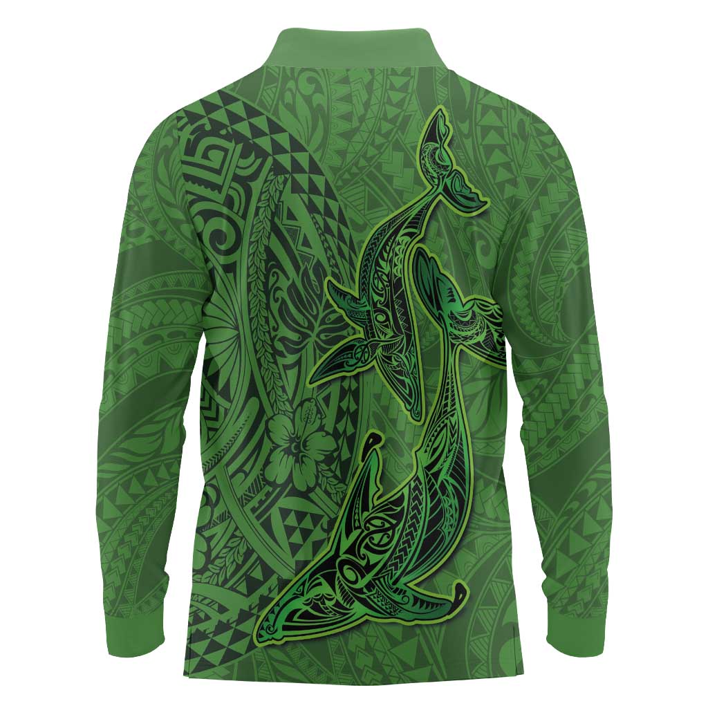 Hawaiian Whales Polynesian Art Motifs Long Sleeve Polo Shirt Green Color - Polynesian Pride
