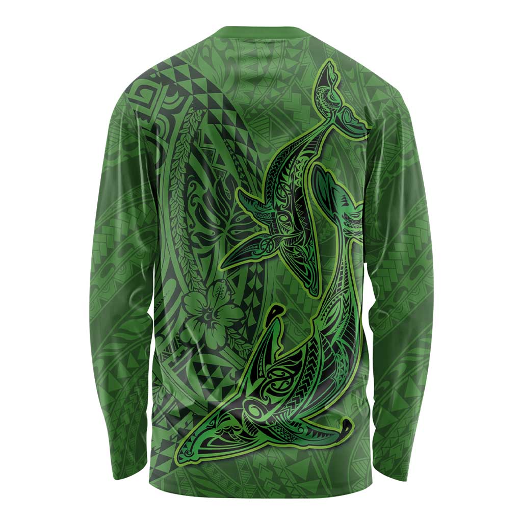 Hawaiian Whales Polynesian Art Motifs Long Sleeve Shirt Green Color - Polynesian Pride