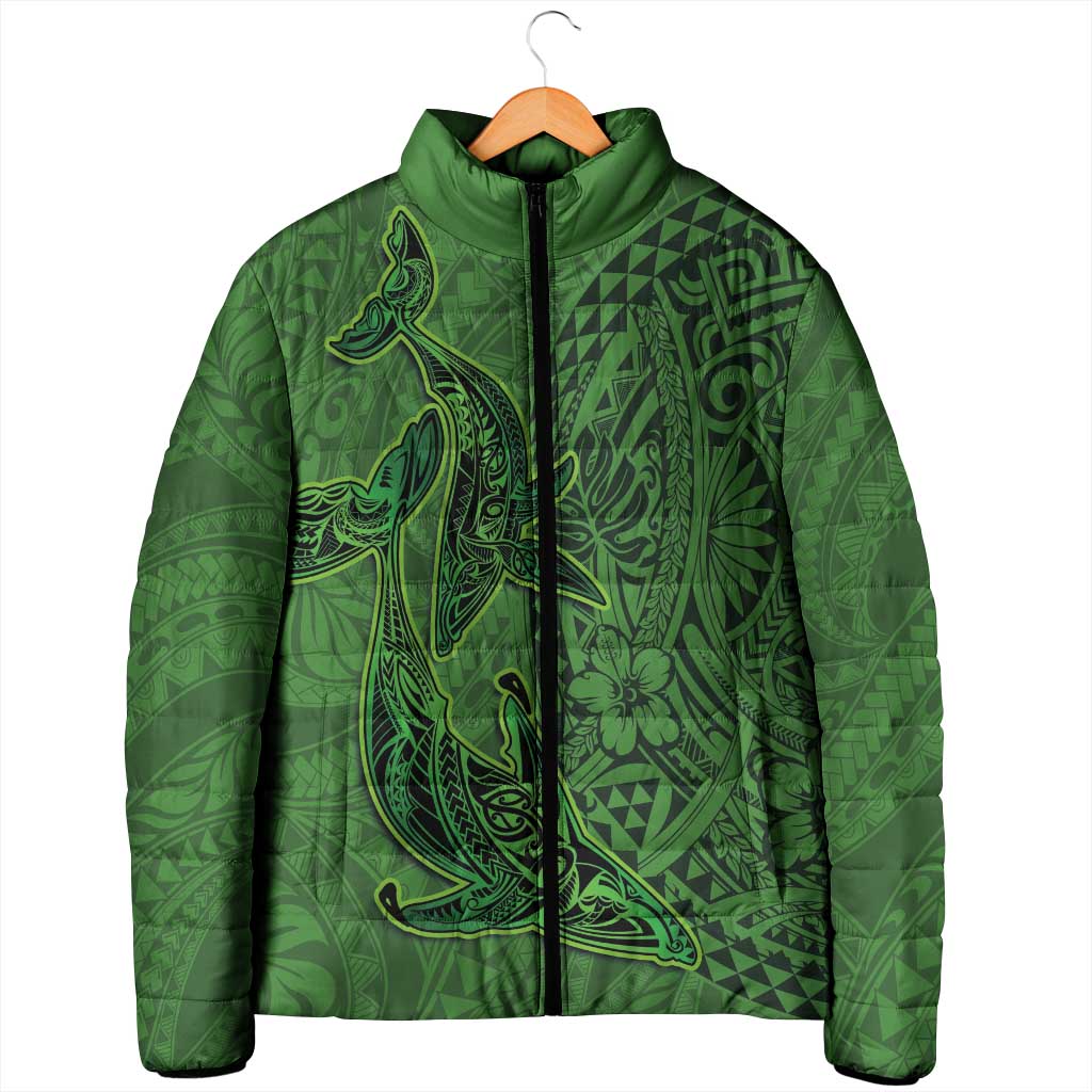 Hawaiian Whales Polynesian Art Motifs Padded Jacket Green Color LT03 - Polynesian Pride