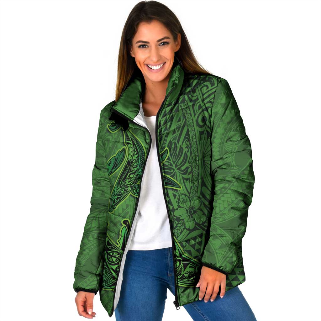 Hawaiian Whales Polynesian Art Motifs Padded Jacket Green Color LT03 Women Green - Polynesian Pride