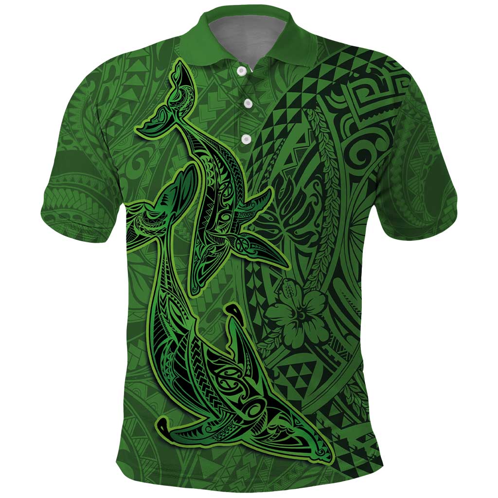 Hawaiian Whales Polynesian Art Motifs Polo Shirt Green Color - Polynesian Pride