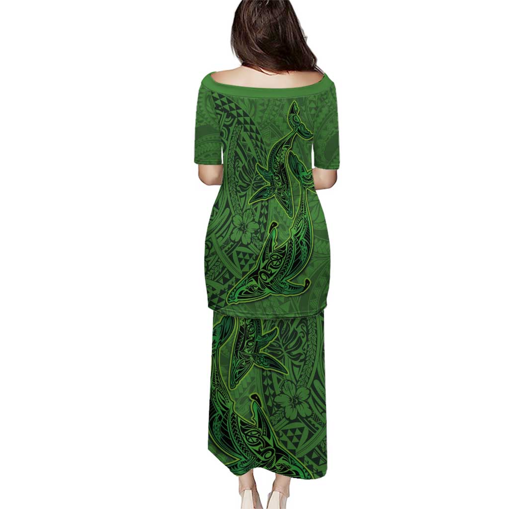Hawaiian Whales Polynesian Art Motifs Puletasi Green Color - Polynesian Pride