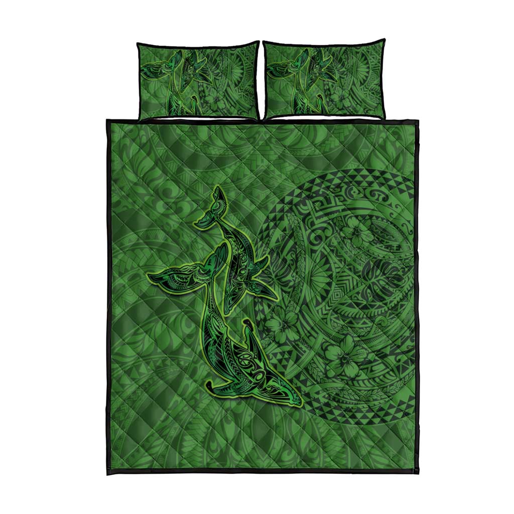 Hawaiian Whales Polynesian Art Motifs Quilt Bed Set Green Color - Polynesian Pride
