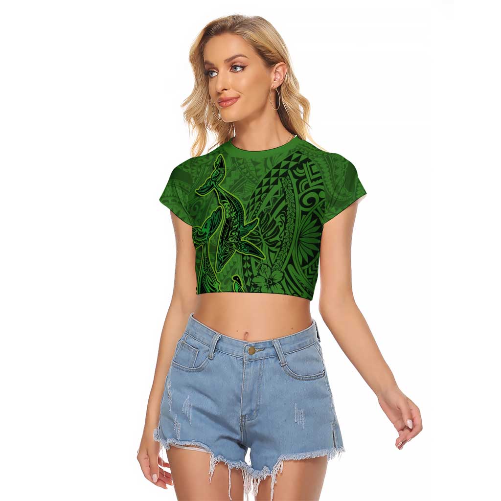 Hawaiian Whales Polynesian Art Motifs Raglan Cropped T Shirt Green Color - Polynesian Pride