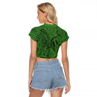 Hawaiian Whales Polynesian Art Motifs Raglan Cropped T Shirt Green Color - Polynesian Pride