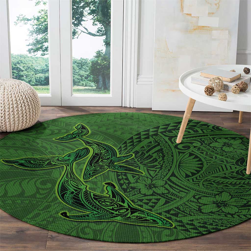 Hawaiian Whales Polynesian Art Motifs Round Carpet Green Color - Polynesian Pride
