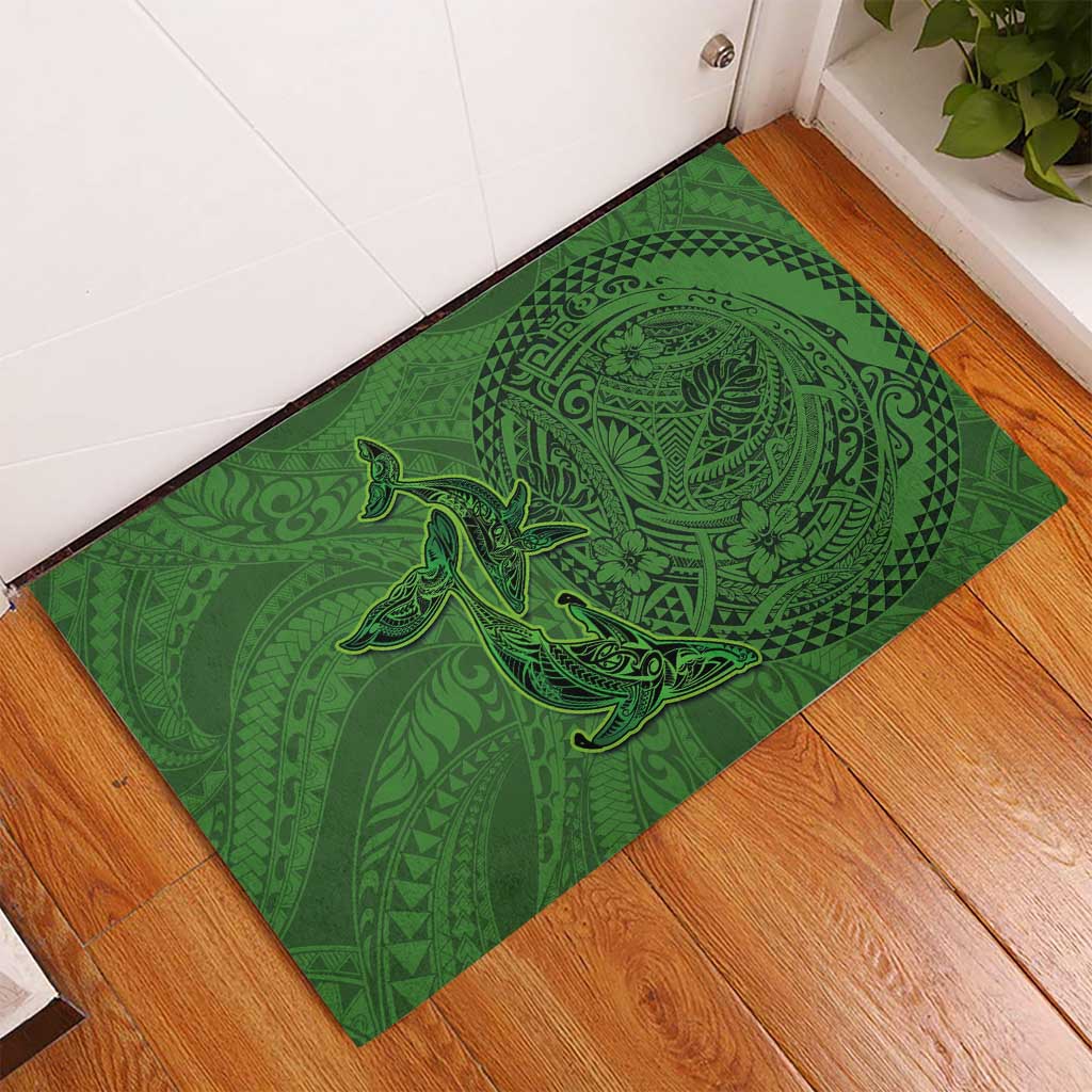 Hawaiian Whales Polynesian Art Motifs Rubber Doormat Green Color - Polynesian Pride