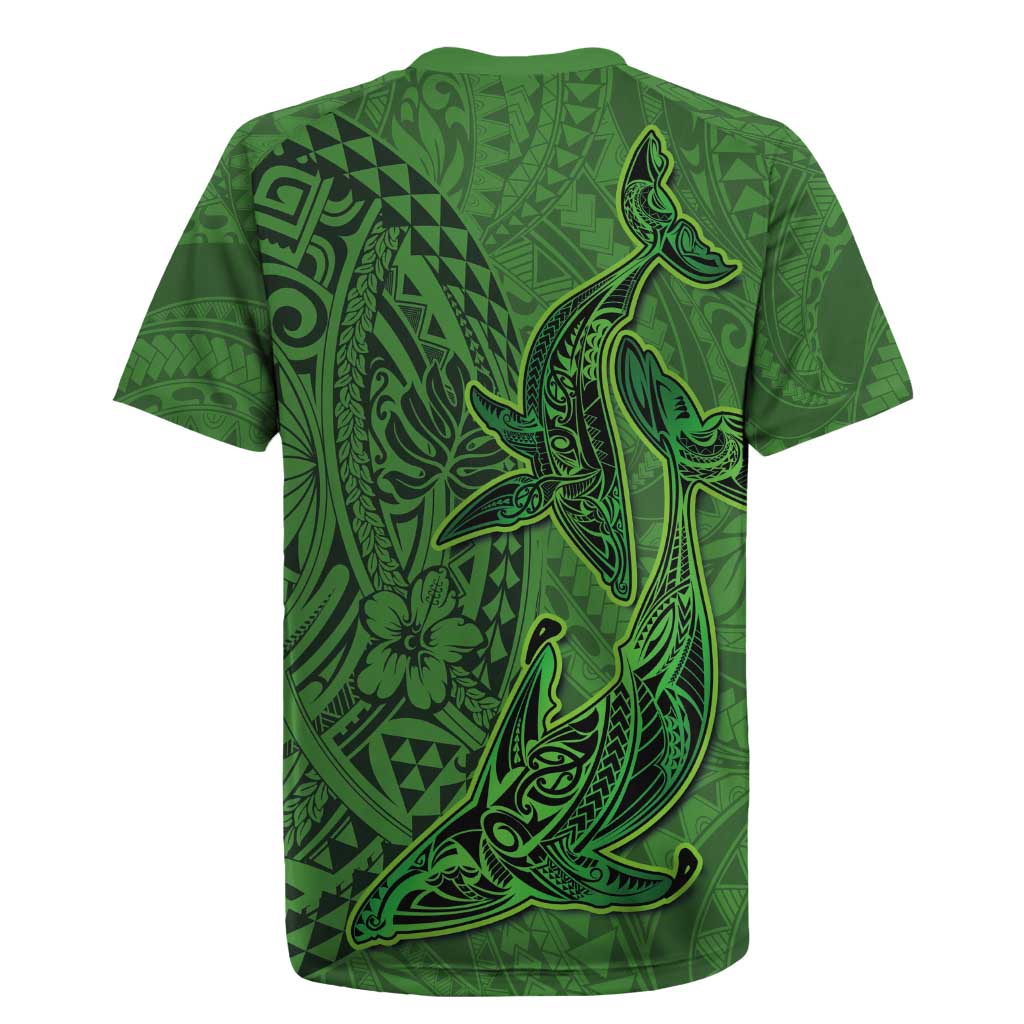 Hawaiian Whales Polynesian Art Motifs Rugby Jersey Green Color - Polynesian Pride