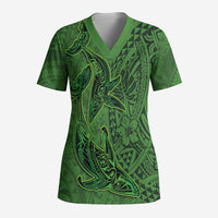 Hawaiian Whales Polynesian Art Motifs Scrub Top Green Color - Polynesian Pride