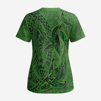 Hawaiian Whales Polynesian Art Motifs Scrub Top Green Color - Polynesian Pride
