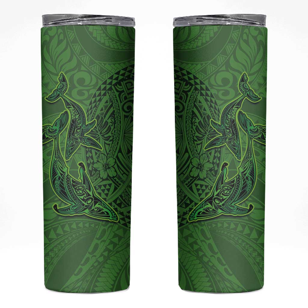 Hawaiian Whales Polynesian Art Motifs Skinny Tumbler Green Color - Polynesian Pride
