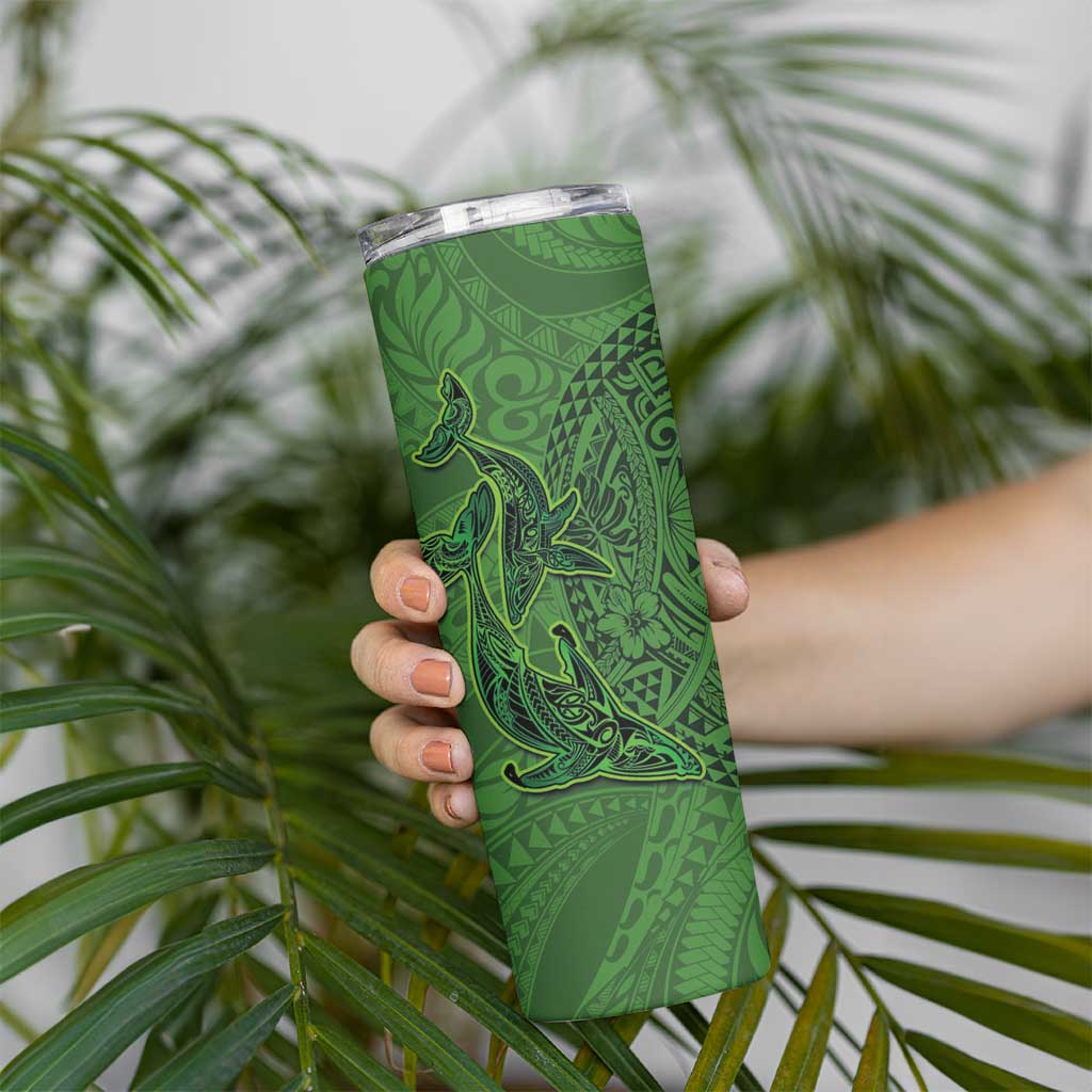 Hawaiian Whales Polynesian Art Motifs Skinny Tumbler Green Color - Polynesian Pride