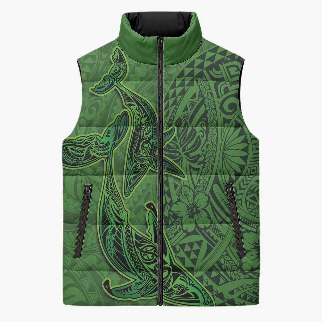 Hawaiian Whales Polynesian Art Motifs Sleeveless Puffer Jacket Green Color LT03 Unisex Green - Polynesian Pride
