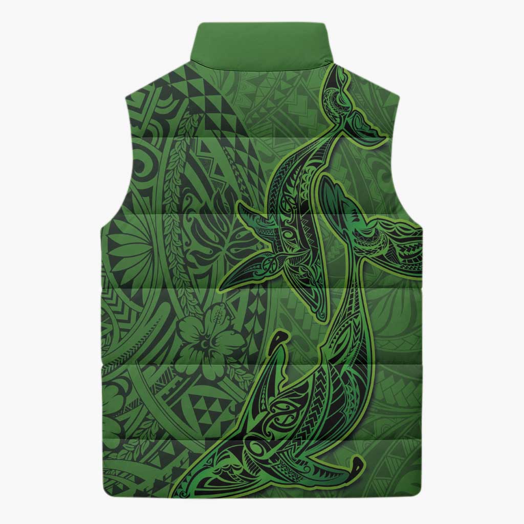 Hawaiian Whales Polynesian Art Motifs Sleeveless Puffer Jacket Green Color LT03 - Polynesian Pride