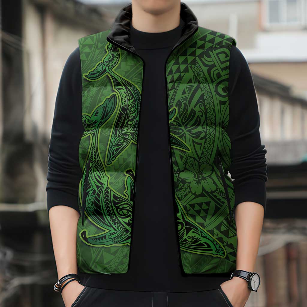 Hawaiian Whales Polynesian Art Motifs Sleeveless Puffer Jacket Green Color LT03 - Polynesian Pride