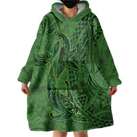 Hawaiian Whales Polynesian Art Motifs Wearable Blanket Hoodie Green Color - Polynesian Pride