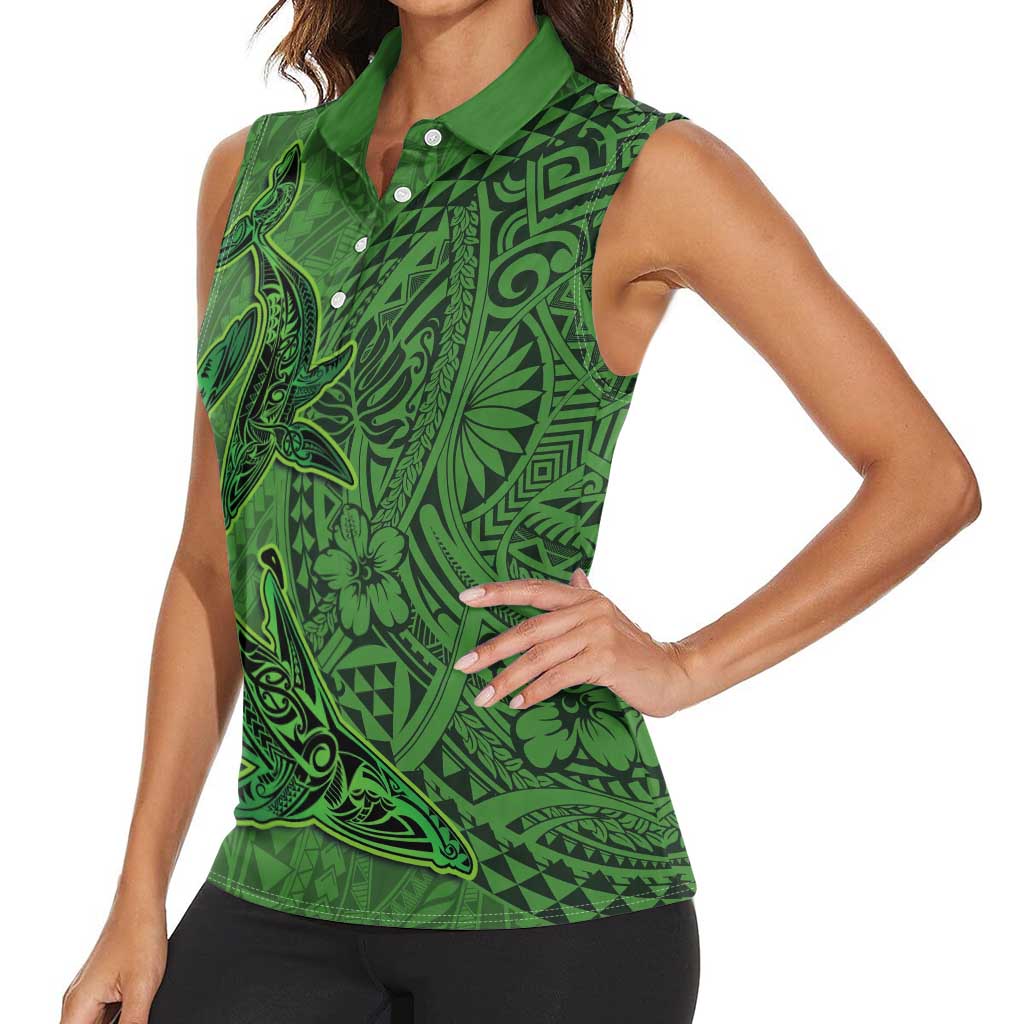 Hawaiian Whales Polynesian Art Motifs Women Sleeveless Polo Shirt Green Color - Polynesian Pride